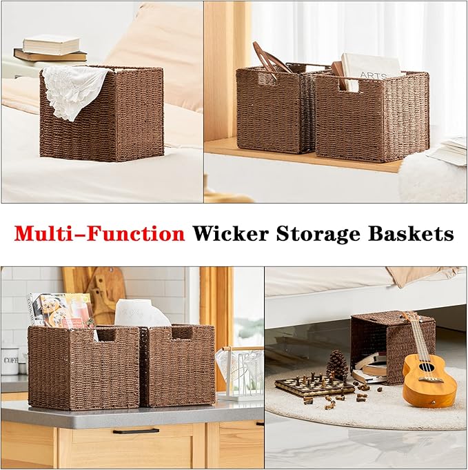 Vagusicc Wicker Basket, Set of 2 Hand-Woven Paper Rope Storage Baskets for Organizing, Foldable Cubby Storage Bins, 11 Inch Large Wicker Storage Basket, Square Baskets Cube Storage Organizer, Brown