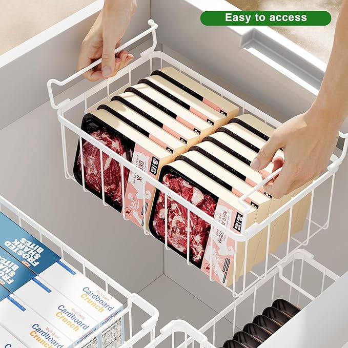 Freezer Storage Organize Baskets - 6 Pack Stackable Deep Freezer Organizer Bins for Most 7 Cu.FT Chest Freezer with Handles, Sturdy but Light, Metal Coated, Add Space, Easy to Reach