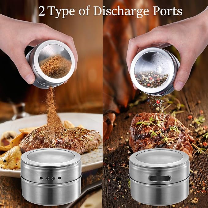 Upgrade Magnetic Spice Jars 12pcs with Wall Mounted,Stainless Steel Spice Tins with Lid and Small Holes for Sprinkle Rust Free Easy to Clean Includes 94 Labeling Stickers by Beeyoka