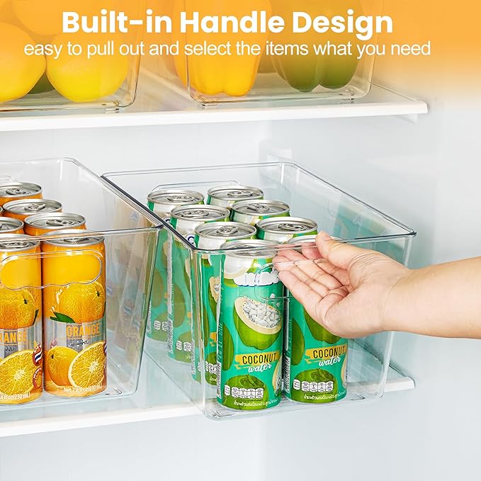 YIHONG Clear Plastic Storage Bins, 4 Pack Pantry Organizer Bins with Handle for Kitchen, Freezer,Cabinet,Closet Organization and Storage
