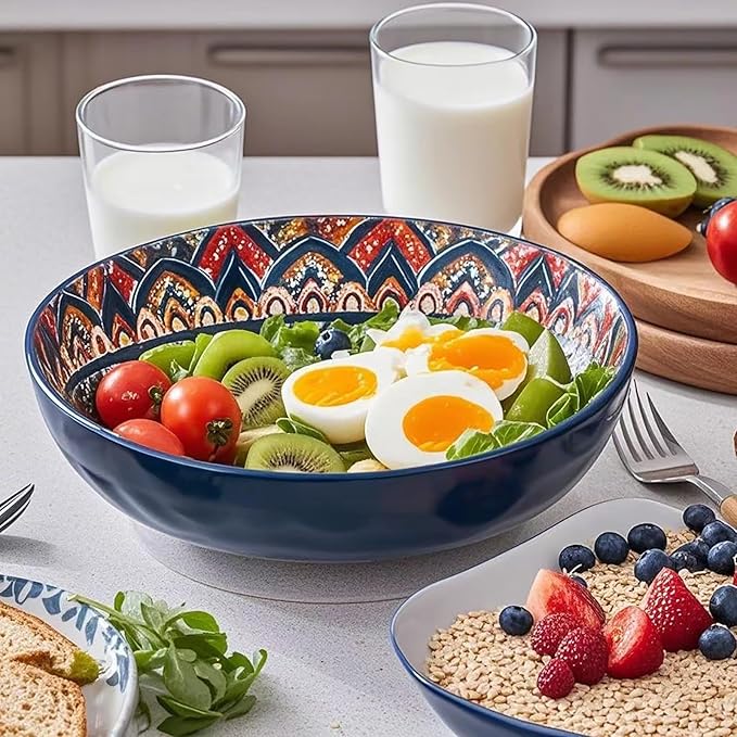 OZY Large Serving Bowls,10 inch Ceramic Salad Bowls,Ideal Housewarming Gift,Vibrant Color Soup Bowls for Party,Pasta,Fruit,Dishwasher & Microwave Safe Soup Bowls (Blue)