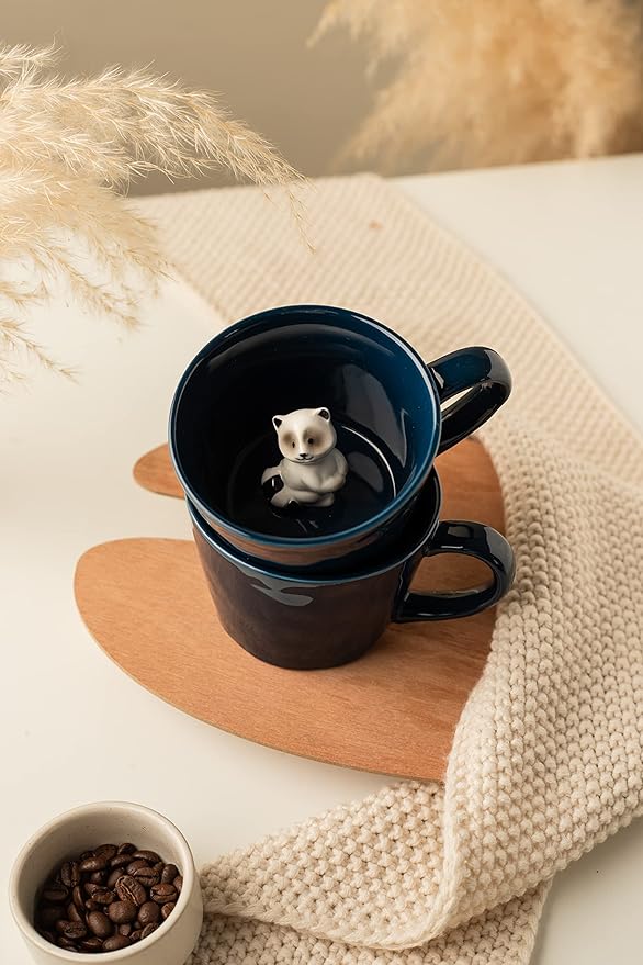DIHOclub Racoon Ceramic Cup Hidden 3D Animal Inside Mug,Cute Cartoon Handmade Figurine Mugs,Holiday and Birthday Gift for Coffee Milk Tea Lovers,12 OZ(Dark Blue)