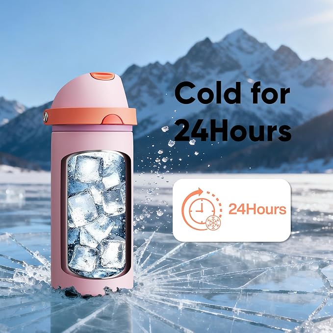 Insulated Water Bottle with Straw - Encool Stainless Steel Water Bottle with Push Button Lid, Leak-Proof & BPA-Free, Keeps Cold for 24 Hours for Sports, Travel, Gym (18 oz, Lily-Red)