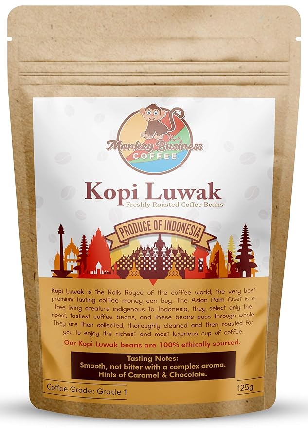 Monkey Business Coffee - Wild Kopi Luwak Coffee Ground Beans - Ethically Sourced - 125 Grams (4.4oz) Other Weights & Bean Types Available) - Produce of Indonesia