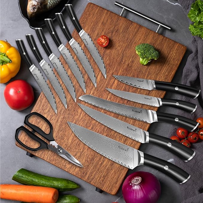 Damascus Knife Block Set,Sharp Knife Set,Ergonomic Non-slip Handle,Chef Knife Set with Built-in Sharpener,Luxury Gift for Holiday(Silver,14PCS)