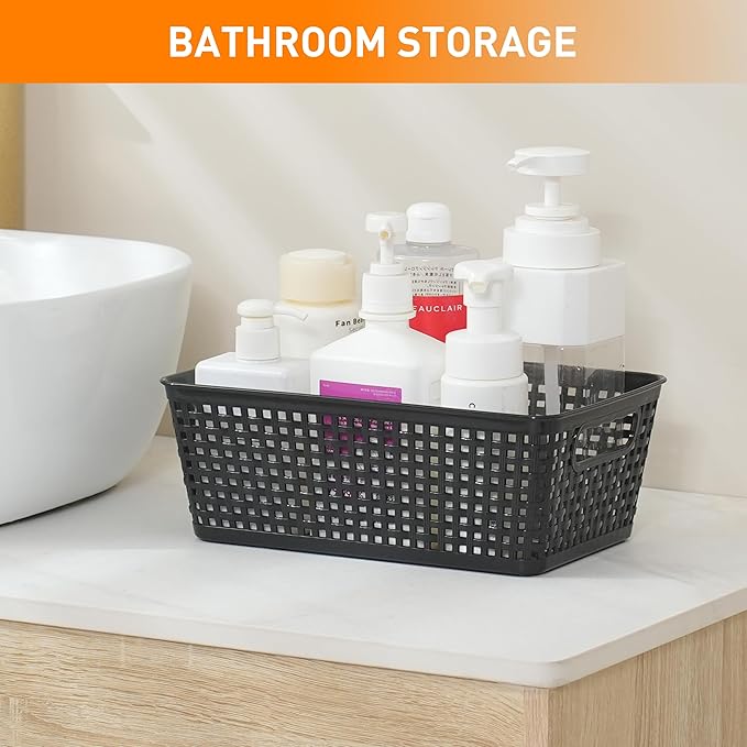 Plastic Storage Baskets With Lid, Storage Bins for Organizing, Stackable Decorative Containers for Shelves Drawers Desktop Closet Playroom Classroom Office, 8 Pack-Black
