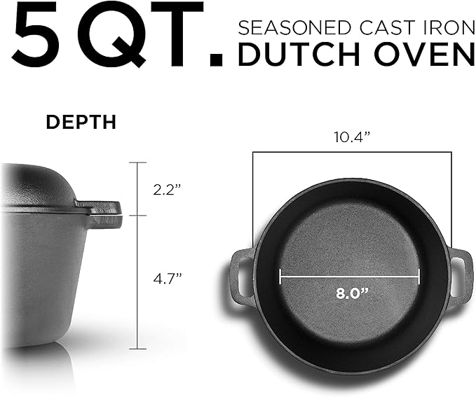 COMMERCIAL CHEF 5-Quart Cast Iron Dutch Oven with Skillet Lid