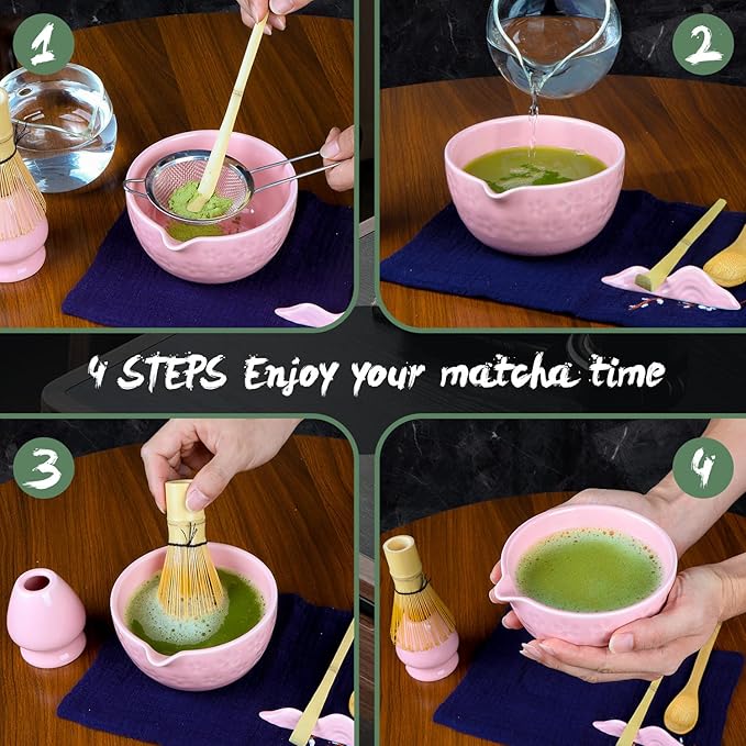 Matcha Whisk Set Pink, 8Pcs Matcha Set Kit include Matcha Bowl, Matcha Whisk and Holder, Bamboo Scoop, Scoop Rest, Sifter and Tea Towel, Matcha Whisk and Bowl Set for Matcha Lovers and Beginers