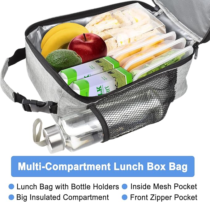 Insulated Lunch Bag, Leakproof Portable Lunch Box for Women Men Boys Girls, Large Capacity Cooler Bag with Handle and Bottle Pocket for Office School Camping Hiking Outdoor Beach Picnic (Grey)