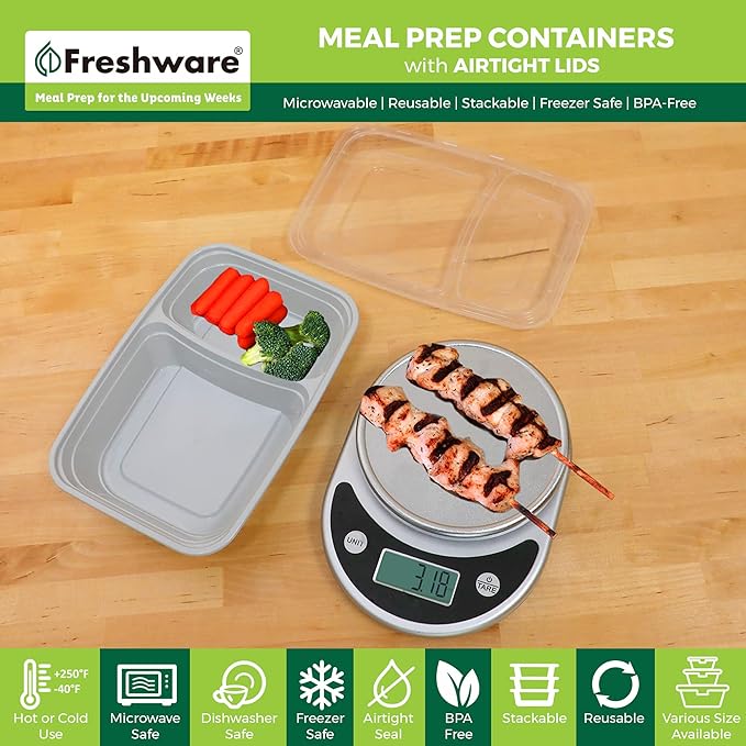 Freshware Meal Prep Containers [25 Pack] 2 Compartment with Lids, Food Storage Containers, Bento Box, BPA Free, Stackable, Microwave/Dishwasher/Freezer Safe (28 oz)