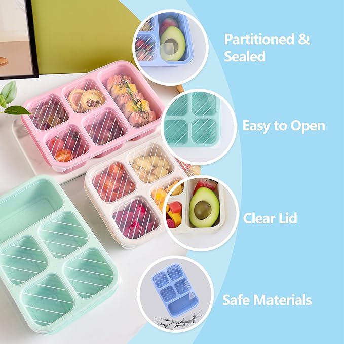 Finorder 4 Pack Wheat Straw Containers, Multicolor 5 Compartment Reusable Snack Bento Box, Rectangle Meal Prep Food Containers for Adults, Office and Travel