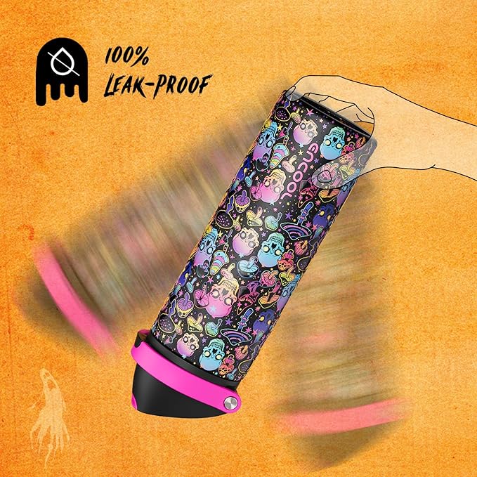 ENCOOL Halloween Insulated Water Bottle with Straw - Stainless Steel Water Bottle with Push Button Lid, Leak-Proof BPA-Free, Keeps Cold for 24 Hours for Halloween gifts, Party (24 oz, Trippy Skulls)