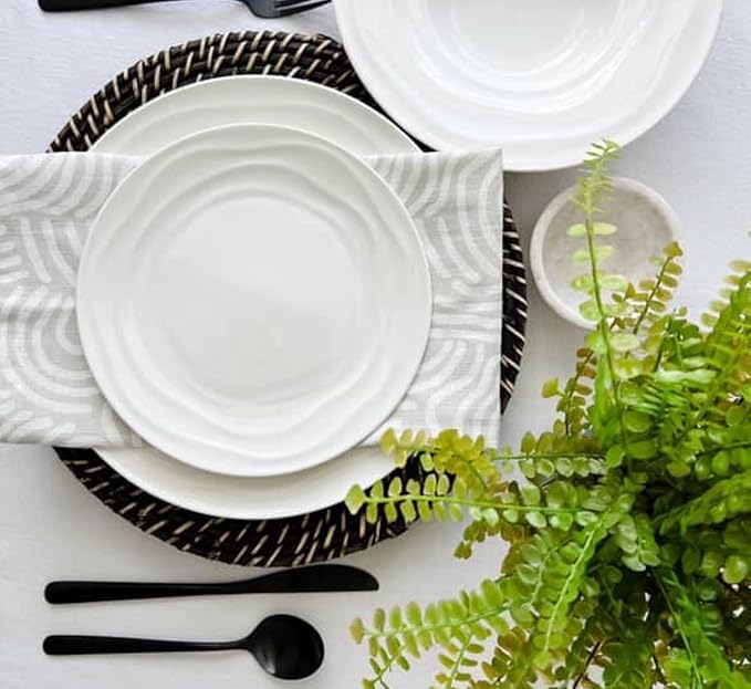 Pots & Patterns White Dinner Plates. Porcelain Dinnerware Set for 4-12-Piece Chip Resistant Plates and Bowls Sets