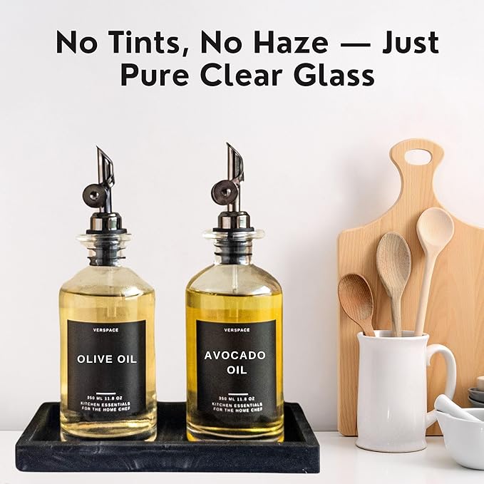 Clear Glass Olive Oil Dispenser Bottles For Kitchen With Silicone Tray & 40 Labels, Soy Sauce Dispenser, Coffee Syrup Dispenser, Olive Oil Bottles Set Of 2, Black 500ml / 17oz