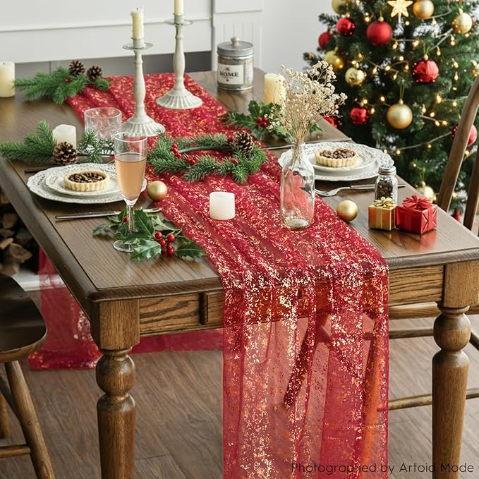 Artoid Mode 6PCS Red Gold Gauze Table Runner 120 Inch 10FT, Glitter Metallic Foil Sheer Dining Wedding Anniversary Holiday Table Decor for Home Party