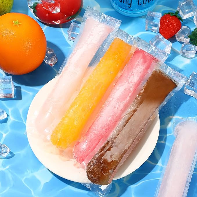 FEBSNOW 200 Disposable Ice Popsicle Bags BPA Free Freezer Tubes With Zip Seals For Snacks,Yogurt Sticks,Juice & Fruit Smoothies,Ice Candy Pops Comes With A Funnel (7.5"x2") (200, Transparent, 7.5"x2")