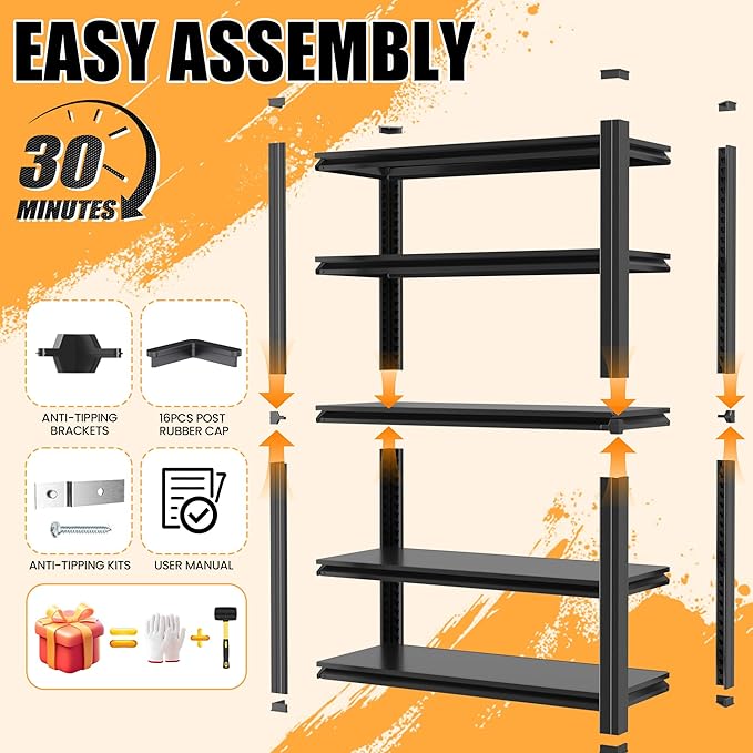 63" H Garage Shelving, Heavy Duty Storage Shelves, Garage Storage Shelves, Adjustable 5 Tier Metal Shelving Unit, Utility Shelves for Warehouse Backyard, 63" H×31.5" W×16" D