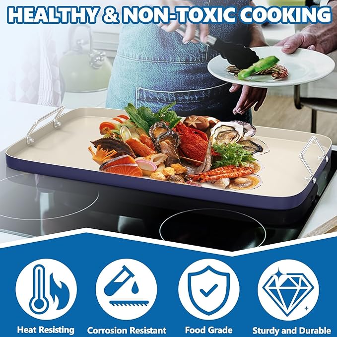SafBbcue 20" x 13" Double Burner Griddle Pan, Non-Stick Ceramic Coated, for Outdoor Gas Pellet Grill, Stove Top Charcoal Grills, for Weber Charbroil Camp Chef Grill, Blue