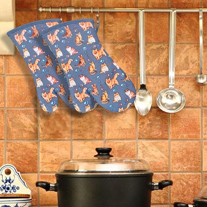 Oven Mitts Gloves 1 Pair Heat Resistant 480 ℉ Non Slip Clear Silicone Printed Cat Comfortable Cotton Lining Kitchen Men Cooking Barbecue Machine Washable (Cat, Blue Mitts)
