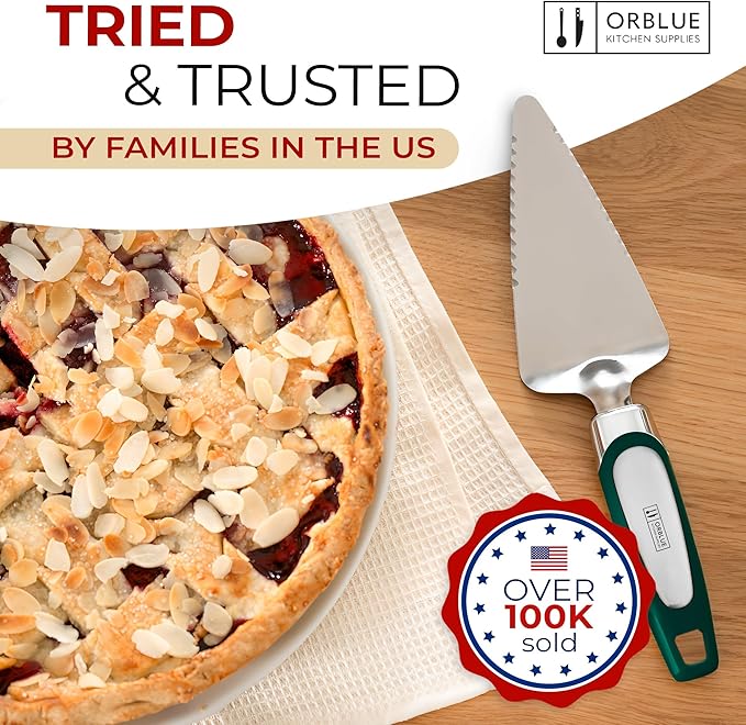 Orblue Pie Server, Essential Kitchen Tool, Serrated on Both Sides, Great for Right or Left Handed Chef, Stainless Steel Flatware, Cake Cutter, Dark Green