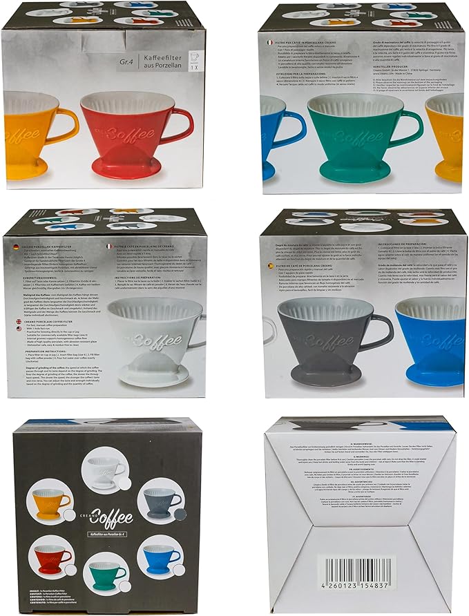 Creano XXL Porcelain Coffee Dripper Stone Grey - Ceramic Cone Brewer - Pour Over Coffee Maker - Filter Size 4 - huge and heavy quality 800gr/28oz - 6 Colours availeble
