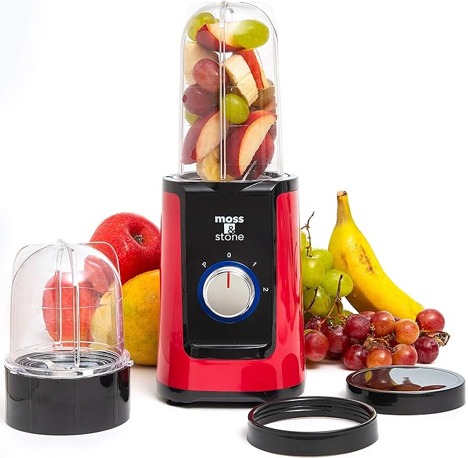 Moss & Stone MiniSmoothie Blender, Compact Personal Blender with Additional Cups Bullet Shape For Frozen Drinks, To-Go Portable Cups with Lids, Juice & Smoothie Maker