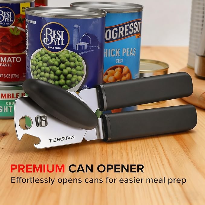 Can Opener Manual, MARSWELL Comfy Grip Can Opener Hand Held with Magnetic Lifter, Smooth Cutting Sharp Blade, Manual CanOpener for Seniors with Easy Turn Knob, Black