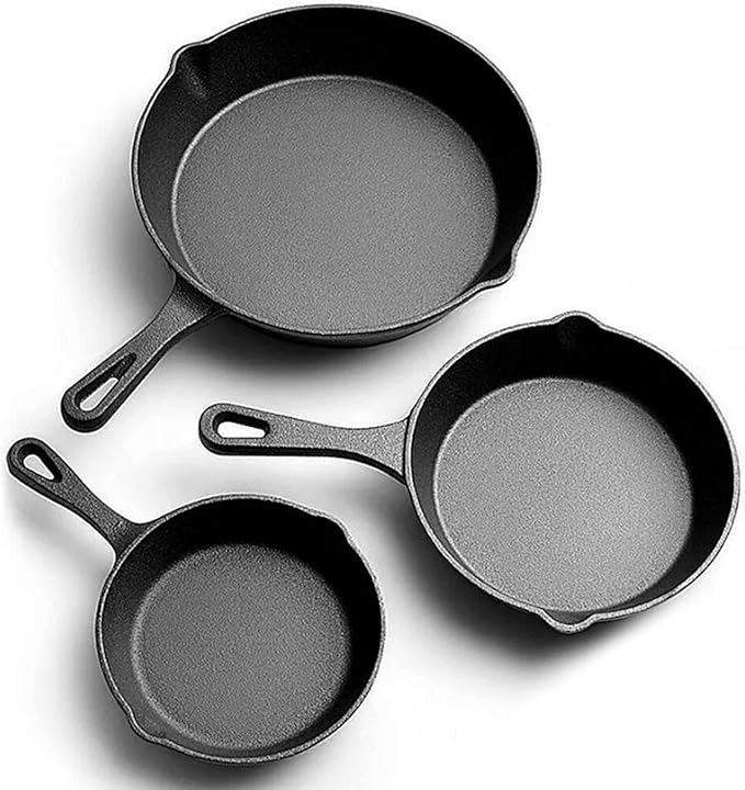 Jim Beam HEA Set of 3 Pre Seasoned Cast Iron Skillets with Even Distribution and Heat Retention-6" 8" 10", 10'', Black,JB0195