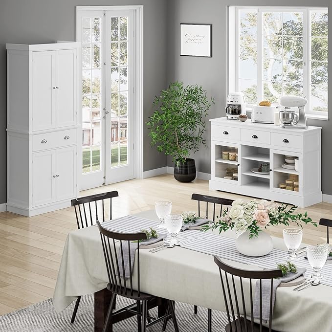 FOTOSOK 72 Kitchen Pantry Storage Cabinets with Drawer, Freestanding Cupboard with 4 Doors, Drawer, 4 Shelves, Utility Pantry Cabinet for Kitchen, Dining Room, Living Room, White HPB-209