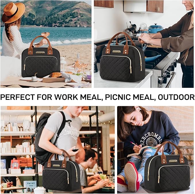 HOMESPON Lunch Bag for Woman Man Adults with Front Pocket Insulated Lunch Tote Lunch Box Container for Work Picnic or Travel(Black Golden)