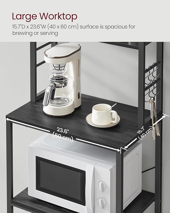 VASAGLE Coffee Bar, Baker’s Rack for Kitchen with Storage, 6-Tier Kitchen Shelves with 6 Hooks, Microwave Stand, Industrial, 15.7 x 23.6 x 65.7 Inches, Charcoal Gray and Black UKKS024B22