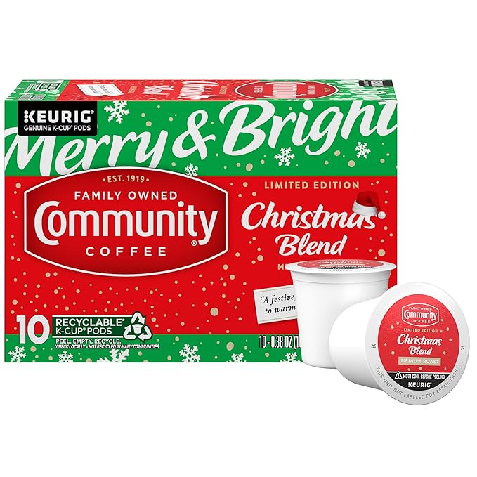 Community Coffee Christmas Blend, 10 Count Coffee Pods, Medium Roast, Compatible with Keurig 2.0 K-Cup Brewers, 10 Count (Pack of 1)