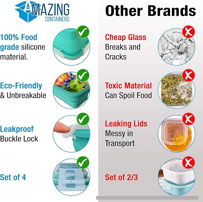 AMAZING CONTAINERS™ Collapsible Silicone Food Storage Container Set of 4 with Lids | Stackable | Microwaveable | Freezer, Dishwasher Safe| BPA Free