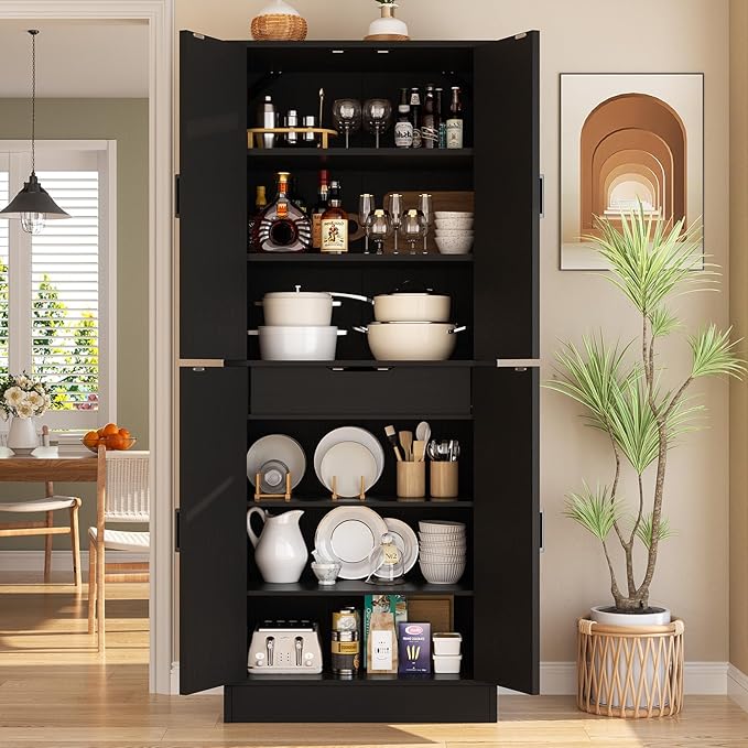 Unikito Kitchen Pantry Cabinet with Farmhouse Barn Doors and Storage Drawer, 4 Adjustable Shelves, Freestanding Tall 71" Cupboard for Kitchen, Dining Room, Living Room, Utility Room, Black