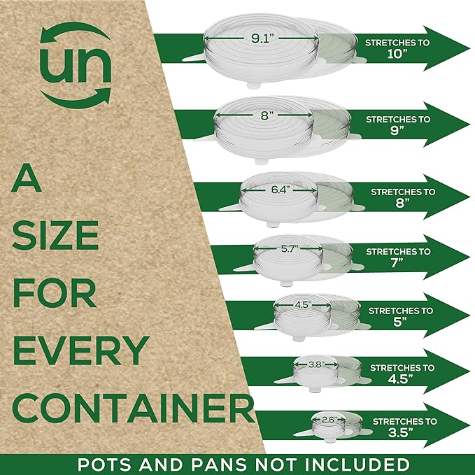 unwasted Reusable Silicone Lids (Variety Pack) – Upgrade Your Kitchen Gadgets with Our Covers for Food Storage – Reusable Silicone Stretch Lids and Food Covers for Containers (Pack of 7)