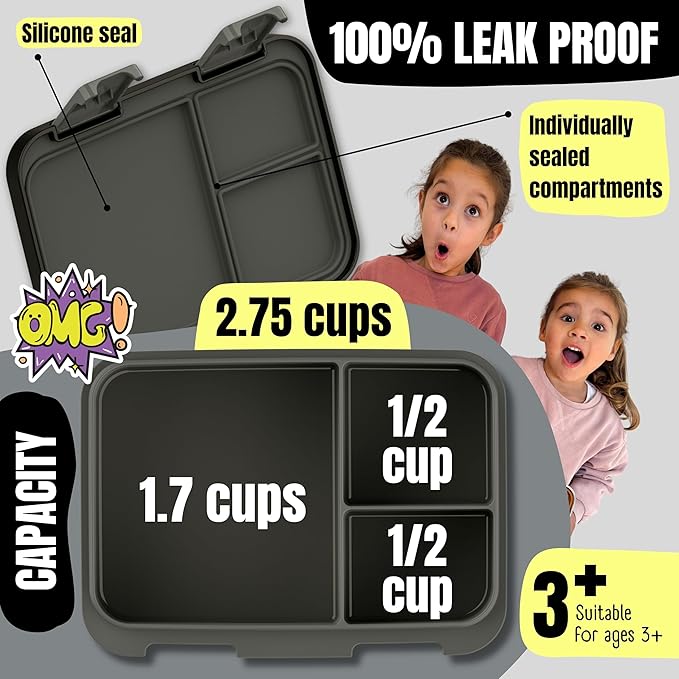 BEARFOOT Kids Lunch Box with Compartments – Compact & Lightweight | Leak-Proof, BPA-Free, Dishwasher & Microwave Safe | Hand-Drawn Design for Preschool, School, Travel (Dinos Black, 2.75 Cups)