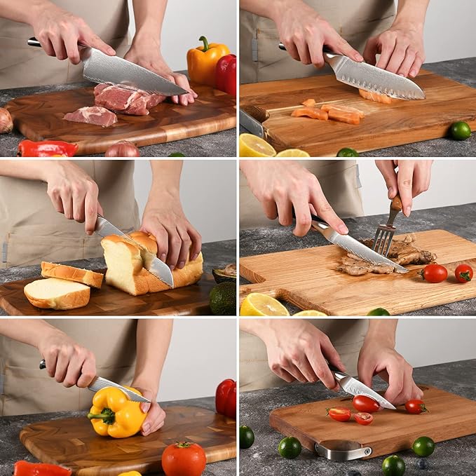 NANFANG BROTHERS Damascus Kitchen Knife Set, 15-Piece with Block, ABS Ergonomic Handle, Carving Fork, Disconnect-type Knife Block (Black)