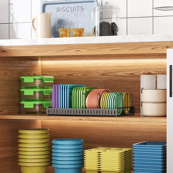 X-cosrack Metal Food Container Lid Organizer&Adjustable 6 Dividers Storage Container Lid Holder Rack for Cabinets, Cupboards, Pantry Shelves, Drawers to Keep Kitchen Tidy,Black(Patent Pending)
