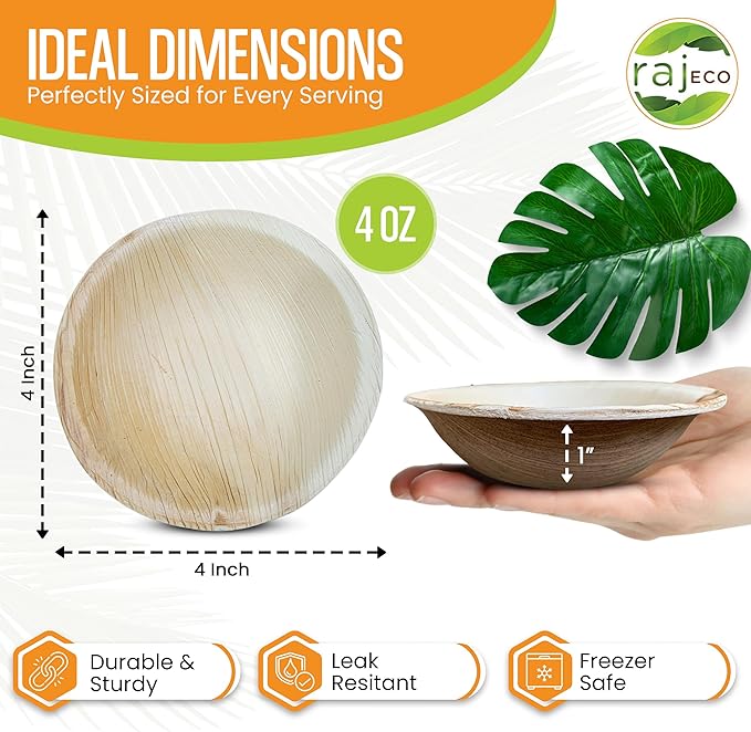 Raj Disposable Palm Leaf Bowls (100 Count, 4" Bowls) Strong Bowl Like Bamboo Party Bowl - Decorative Compostable Tableware for Lunch, Dinner, Birthday, Outdoor, BBQ, Picnic, Parties