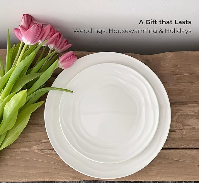 Pots & Patterns White Dinner Plates. Porcelain Dinnerware Set for 4-12-Piece Chip Resistant Plates and Bowls Sets