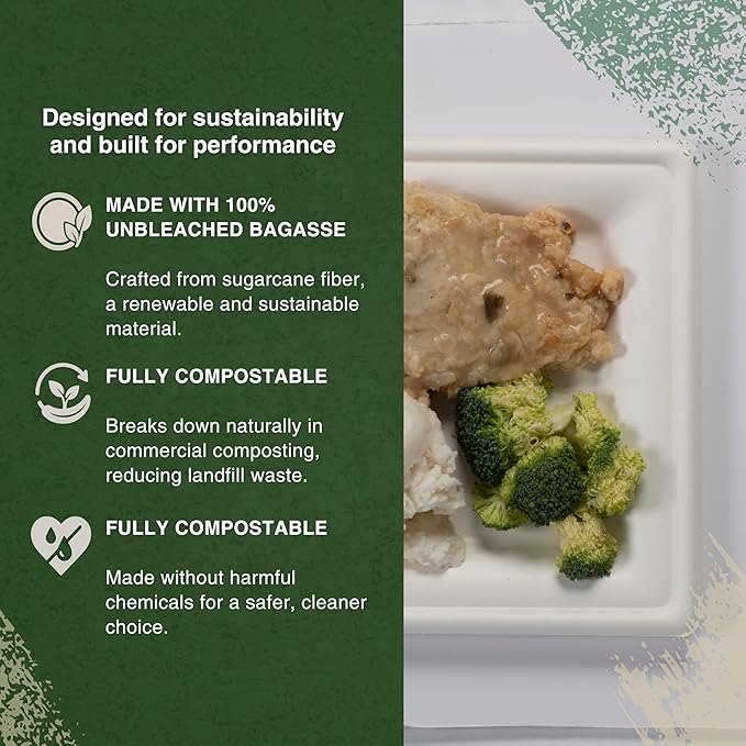 FSE 100% Compostable Square Tray Plates, 8 Inch, Heavy Duty Disposable Plates, Eco-Friendly Unbleached Bagasse, Microwave Safe, (Case of 500)