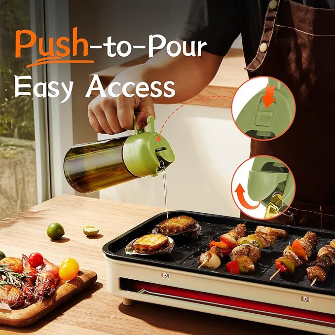 TrendPlain - 16oz Olive Oil Dispenser for Kitchen - 2 in 1 Olive Oil Dispenser and Oil Sprayer - Olive Oil Dispenser Bottle w/Stickers - Olive Oil Sprayer for Cooking 2Pcs White&Green (Light Blockage)