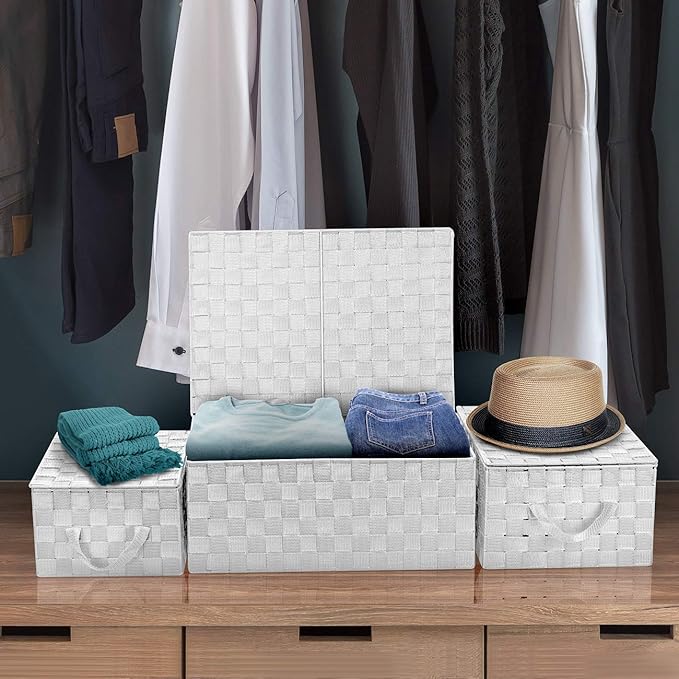 Sorbus Set of 3 Storage Baskets for Organizing with Lid, Mesh Hand-Woven Design, Linen Closet Organizers and Storage, Organizer Storage Baskets for Shelves, Variety Pack Organizers and Storage (White)