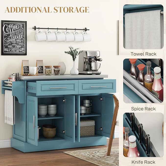 HOMCOM Rolling Kitchen Island Cart with Wheels, Portable Island Table for Kitchen with Stainless Steel Top, Adjustable Shelves, 2 Drawers, Spice, Knife and Towel Rack, Teal Blue
