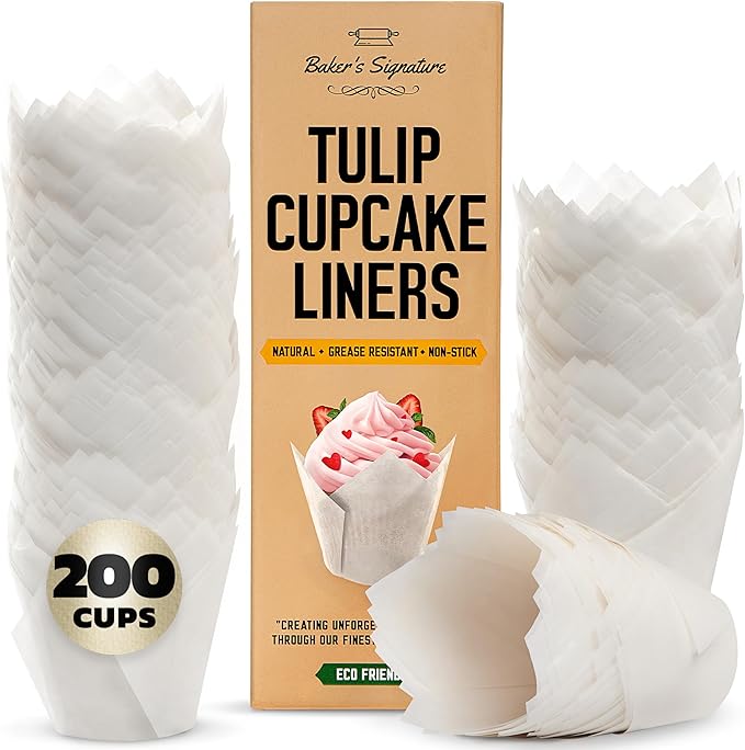 Tulip Cupcake Liners, Muffin Liners for Baking by Baker’s Signature – 200pcs of Parchment Paper Cups Cupcake Wrappers – Perfect Size, Sturdy, Greaseproof & Easy to Use – Wedding Decor – All White