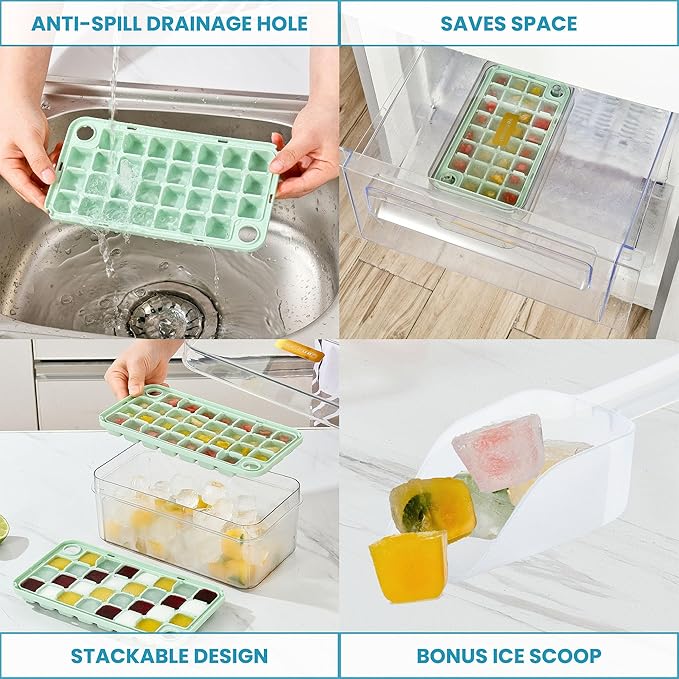 Yoove Ice Cube Tray with Lid and Bin | Press and Easy to Release Ice Cube Trays for Freezer | 2 Ice Tray, 60 refreshing Ice Cubes | Ice Molds for Fruits, Soda, Cocktails, Whiskey, Iced Coffee and Wine