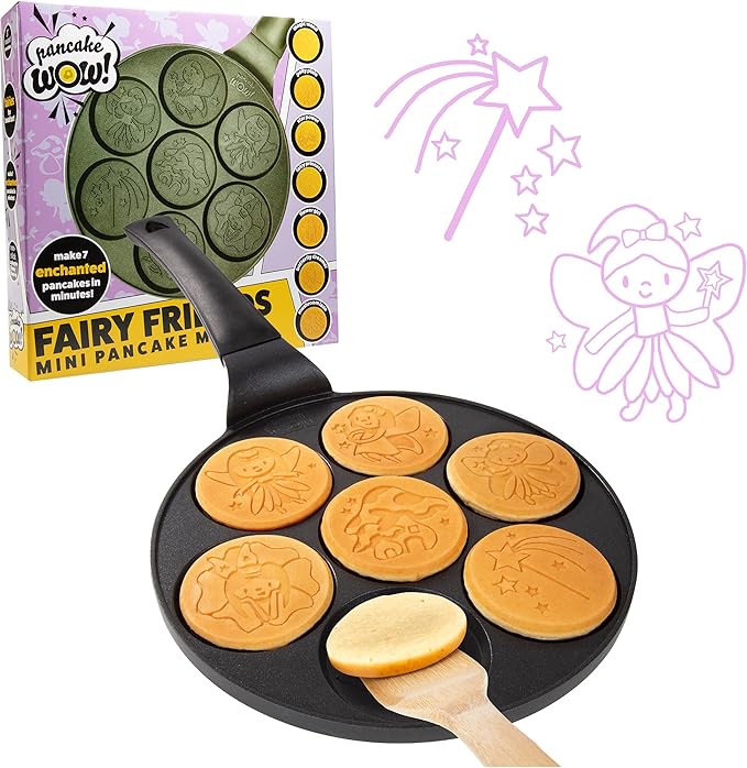 Fairy Friends Mini Pancake Pan - Make 7 Unique Flapjacks - Nonstick Griddle for Breakfast Princess Magic & Quick Easy Cleanup - Adorable and Bite Sized, Xmas Gift for Kids and Adults, Boys or Girls