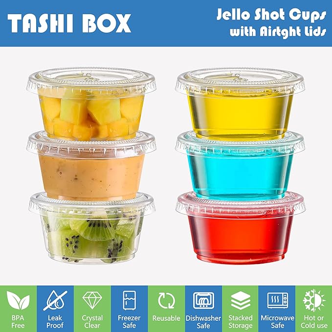 TashiBox Plastic Portion Cups with Lids [2 Ounce, 200 Sets] Disposable Plastic Cups for Meal Prep, Salad Dressing, Jellos Shot Cups, Souffle Cups, Condiment & Dipping Sauce Cups