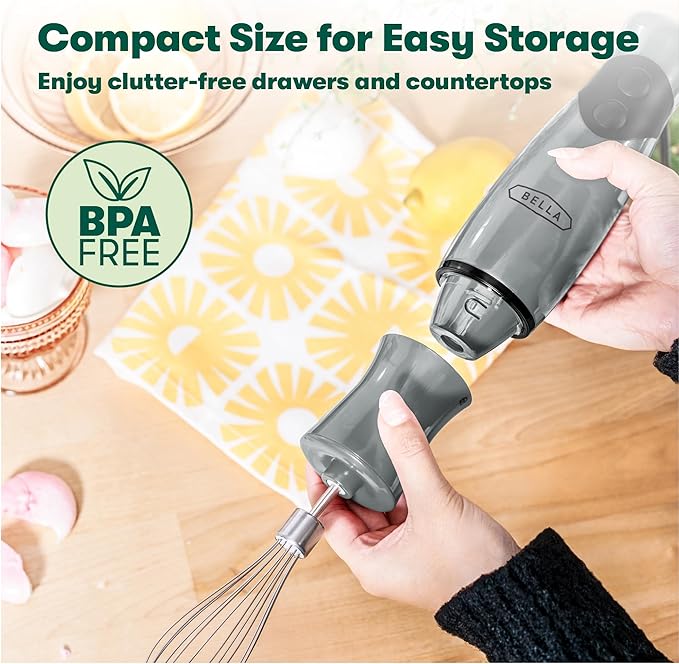 BELLA Immersion Hand Blender, Portable Mixer with Whisk Attachment - Electric Handheld Juicer, Shakes, Baby Food and Smoothie Maker, Stainless Steel, Grey