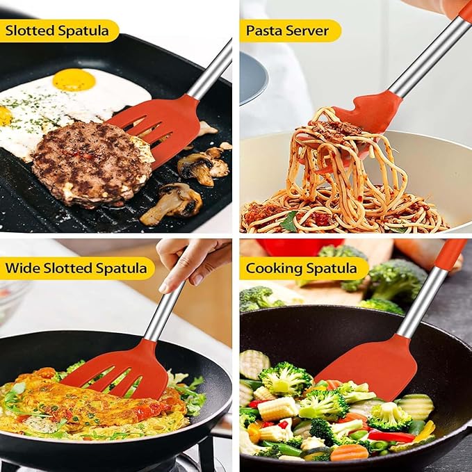 Silicone Kitchen Tools - Non - Stick, Anti - Slip, High - Temperature Resistant, Scald - Proof 14 - Piece Set with Stainless Steel Tube Handles & a Storage Bucket (Gray)